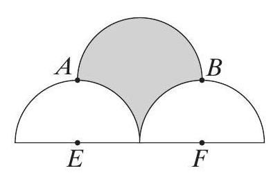 Three overlapping semi-circles inscribed in rectangle ABEF.